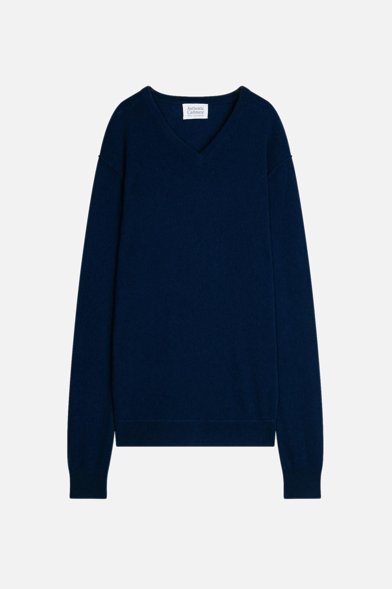 TIMEO Mitternachtsblauer Pullover mit V-Ausschnitt, 100 % Kaschmir