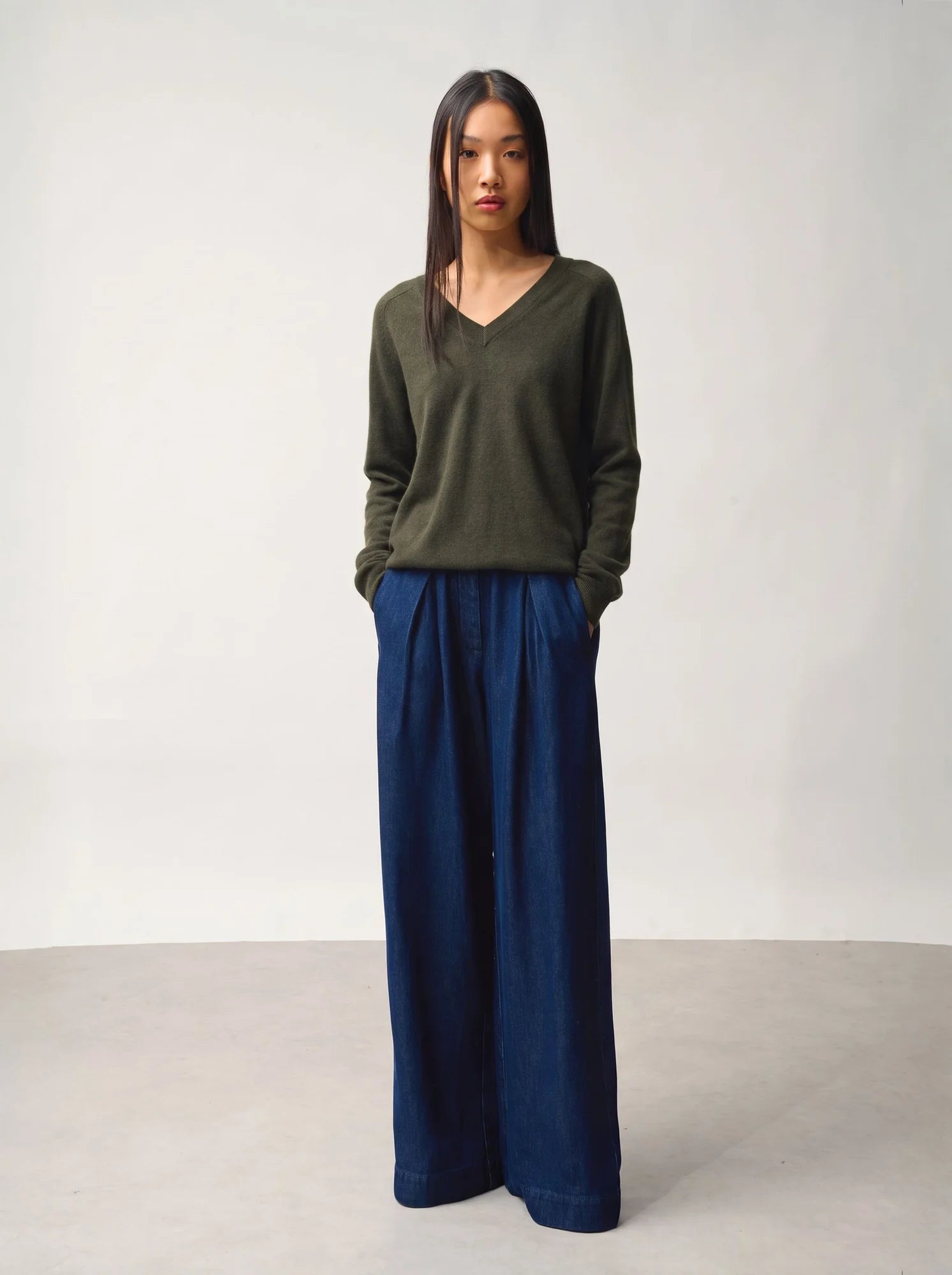 SAVANNAH Pull Col V Kaki Chiné