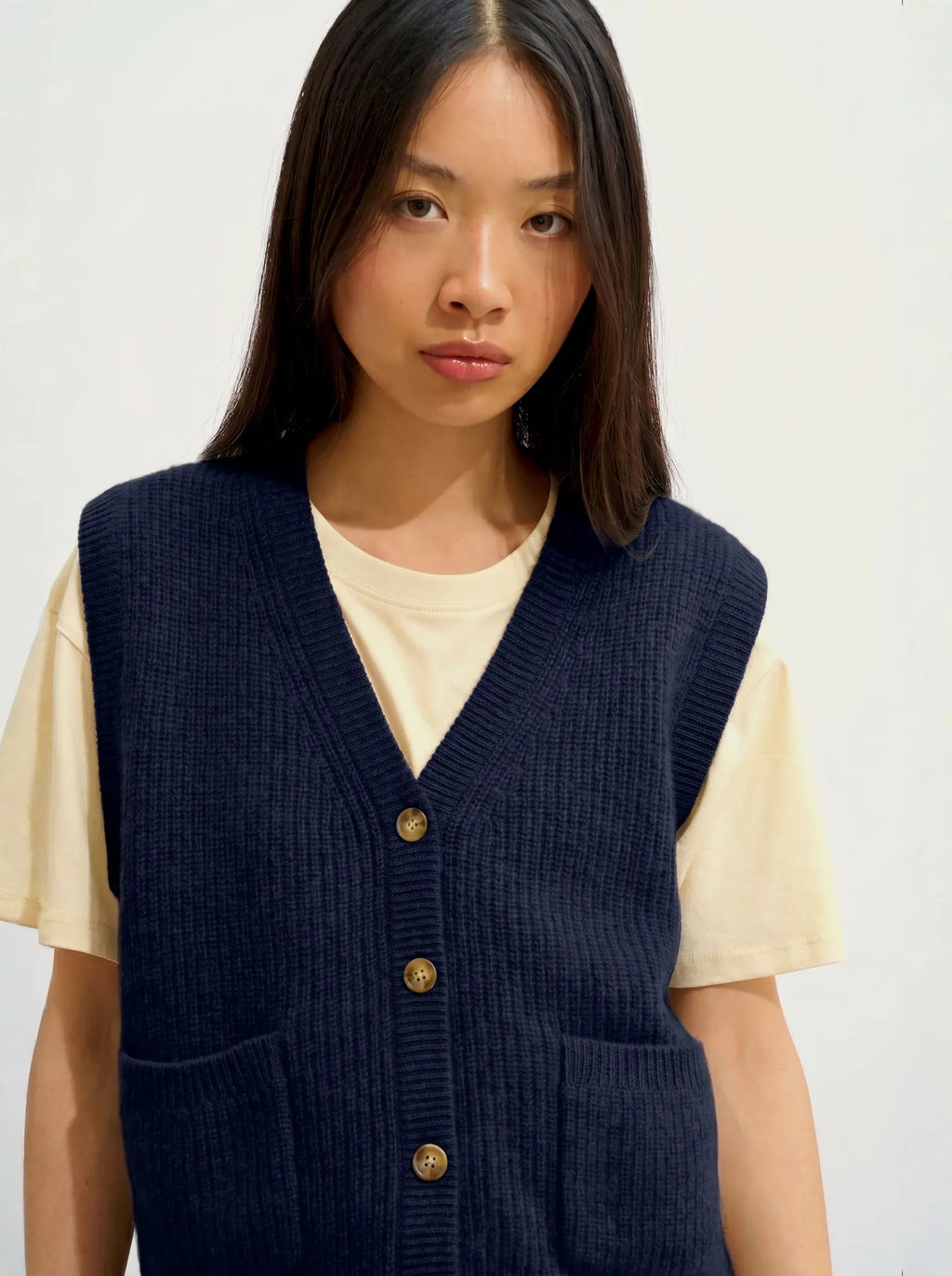 ROSAVIA Cardigan Col V sans Manches 4 Fils Bleu Marine