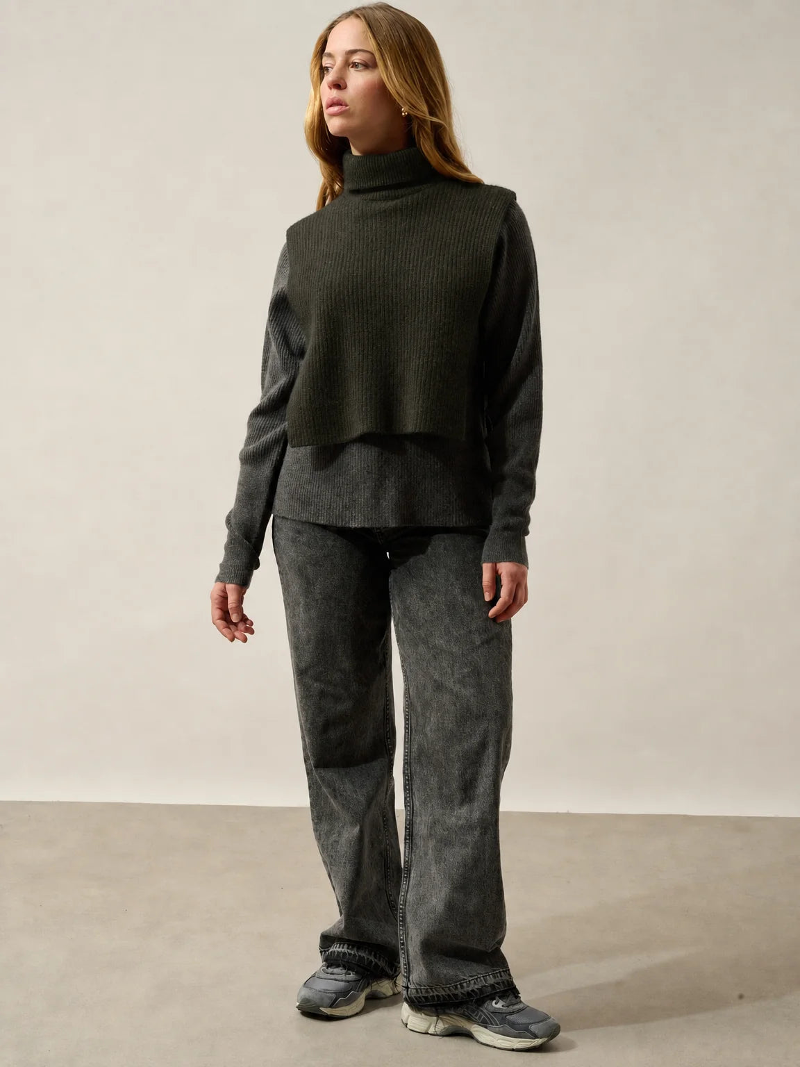 SIV Poncho Ouvert Col Roulé 4 Fils Kaki Chiné