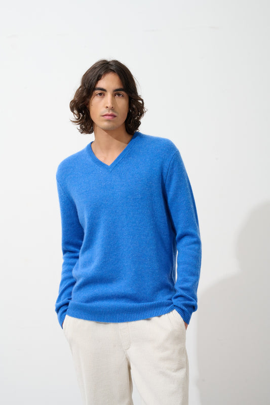 VICTOR pull col v 4 fils bleu électrique 100% cachemire