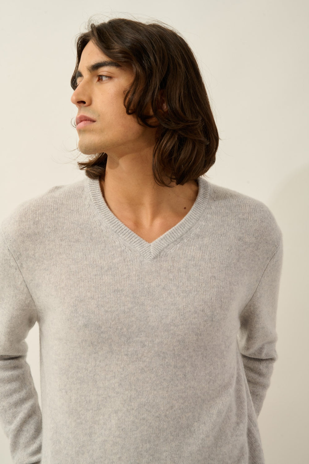 victor pull col v 4 fils gris clair chiné 100% cachemire