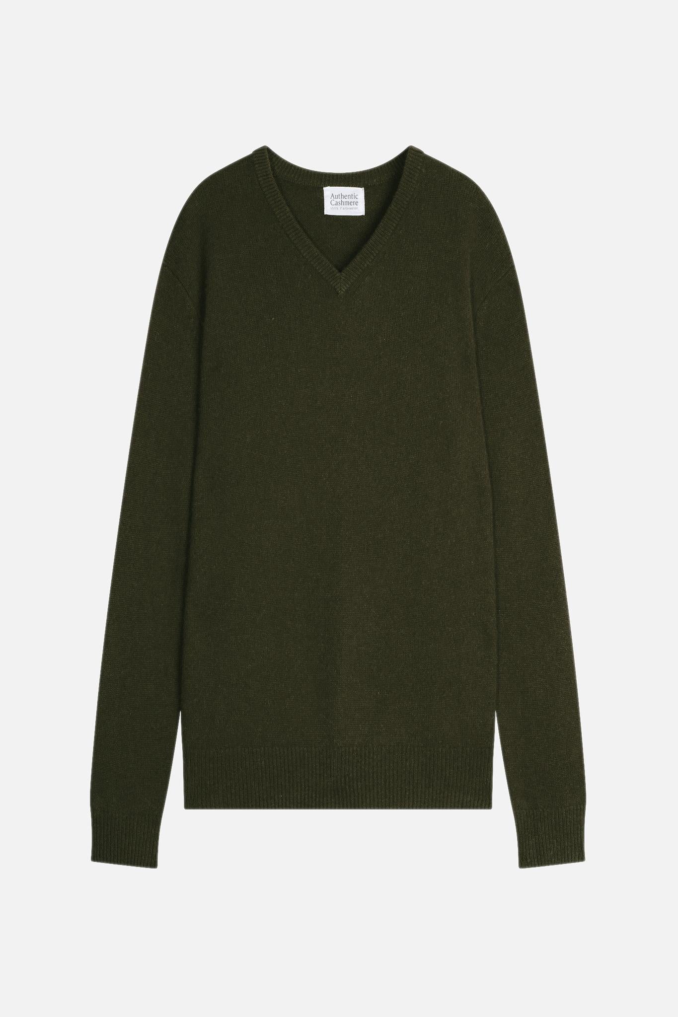 VICTOR Pullover mit V-Ausschnitt 4 Fäden khaki 100% Kaschmir