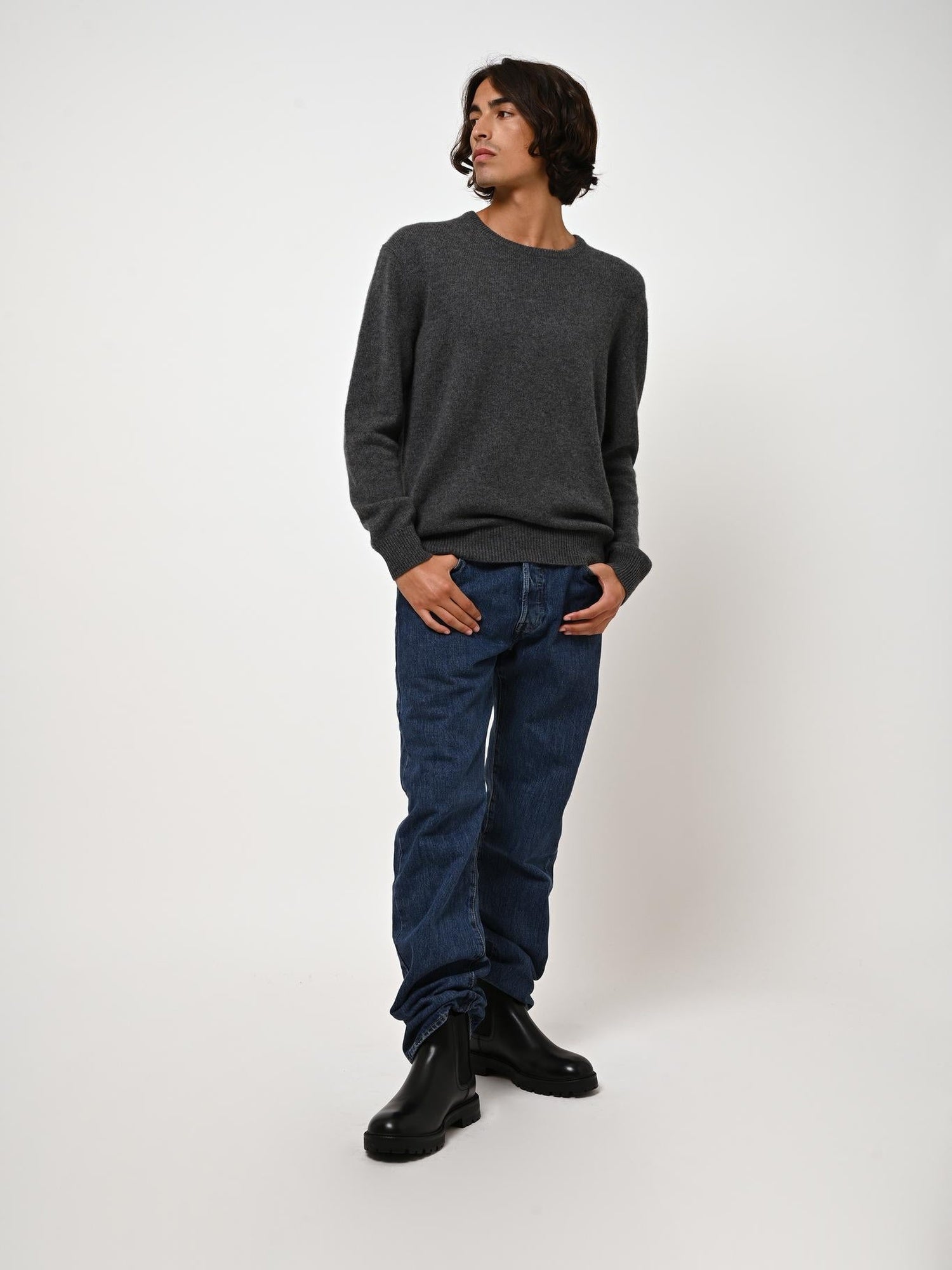 VICTO pull col rond 4 fils anthracite chiné 100% cachemire