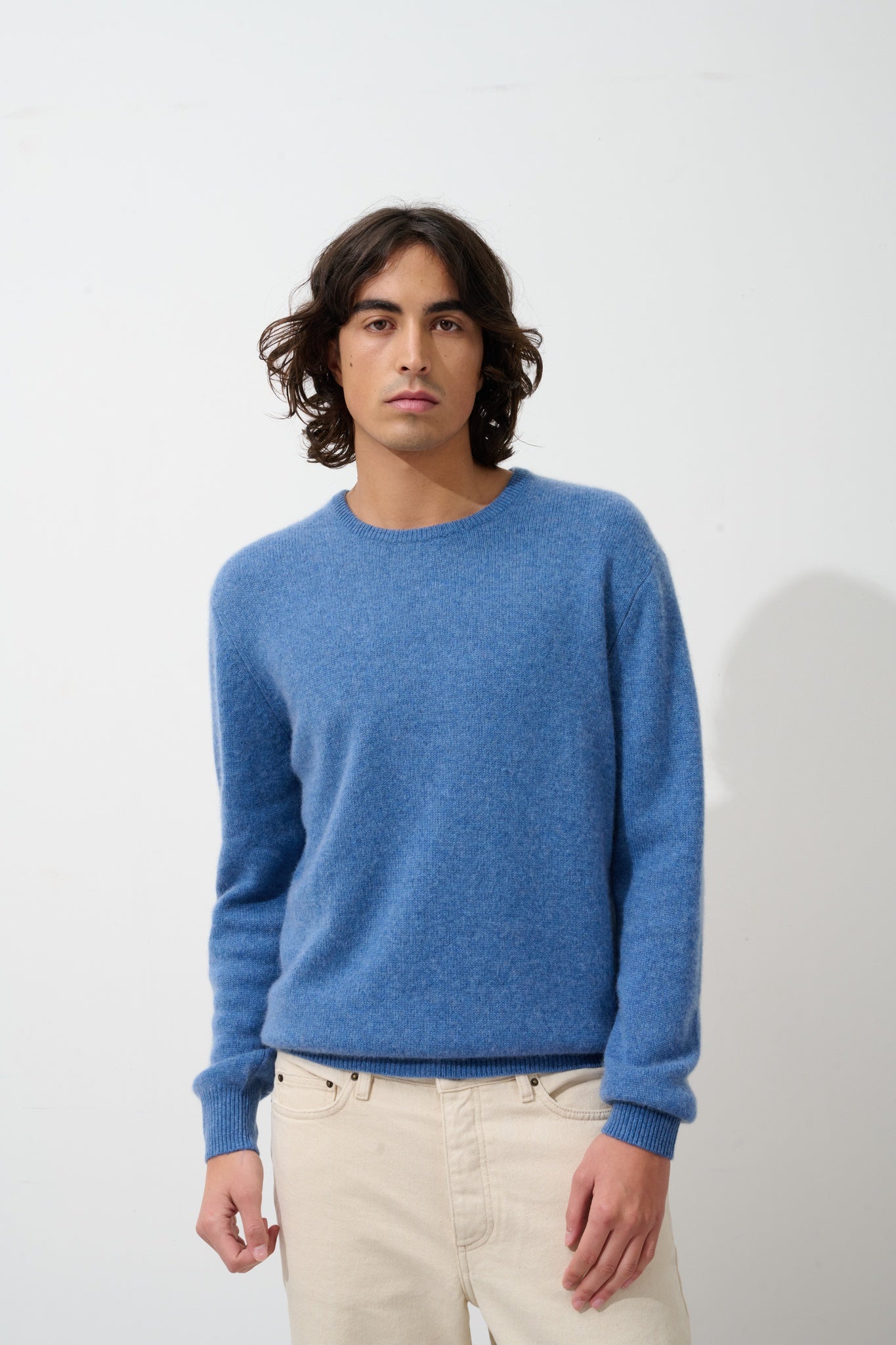 VICTO Pullover mit Rundhalsausschnitt 4 Fäden Denim blau 100% Kaschmir