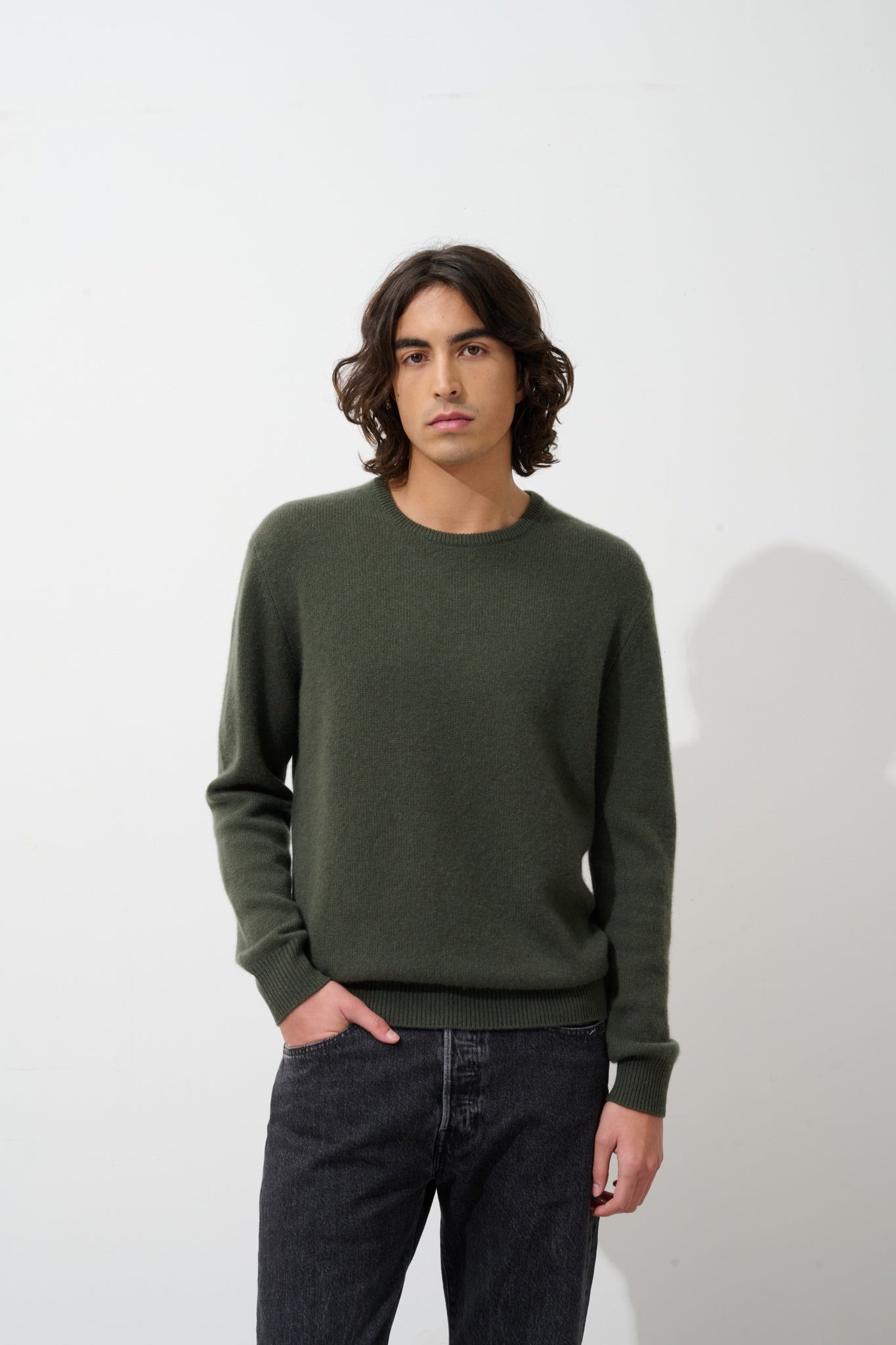 VICTO pull col rond 4 fils kaki 100% cachemire