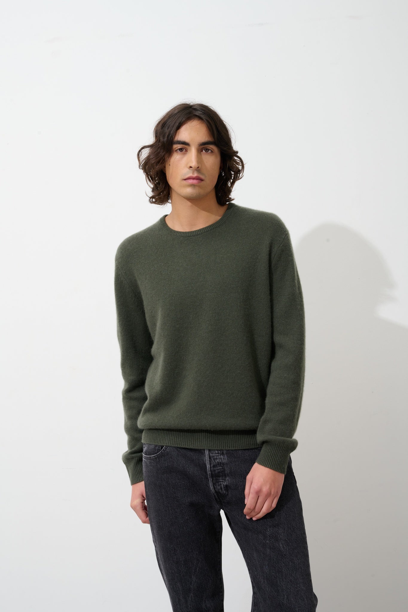 VICTO pull col rond 4 fils kaki 100% cachemire