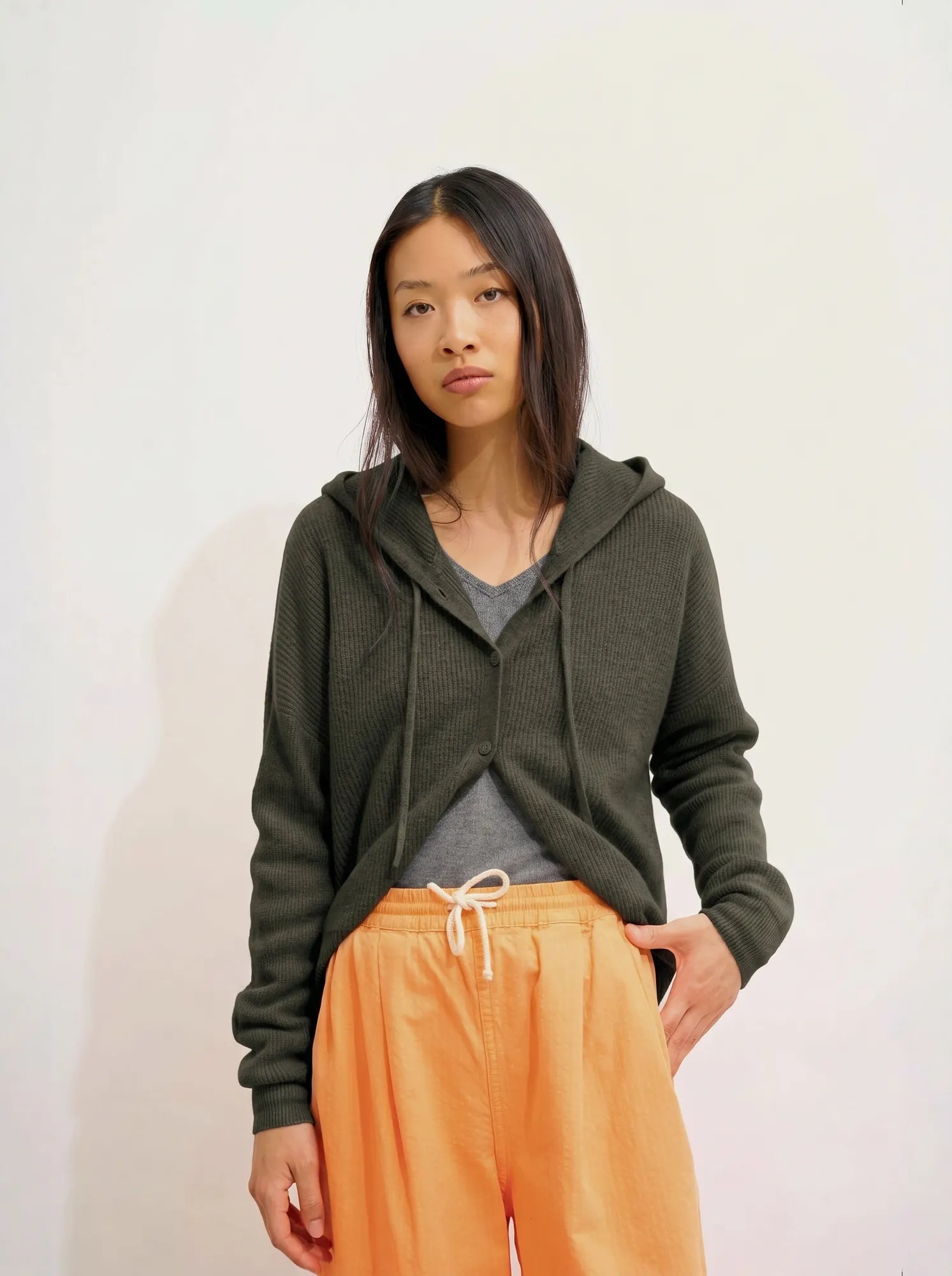 ELARA Cardigan Capuche Kaki Chiné