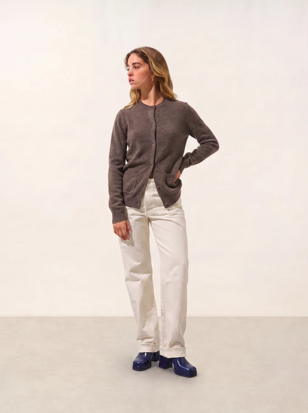 ELISE Cardigan Col Rond 4 Fils Taupe Chiné