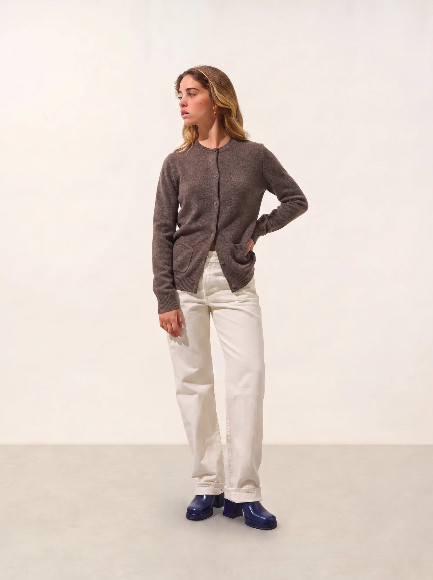 ELISE Cardigan Col Rond 4 Fils Taupe Chiné