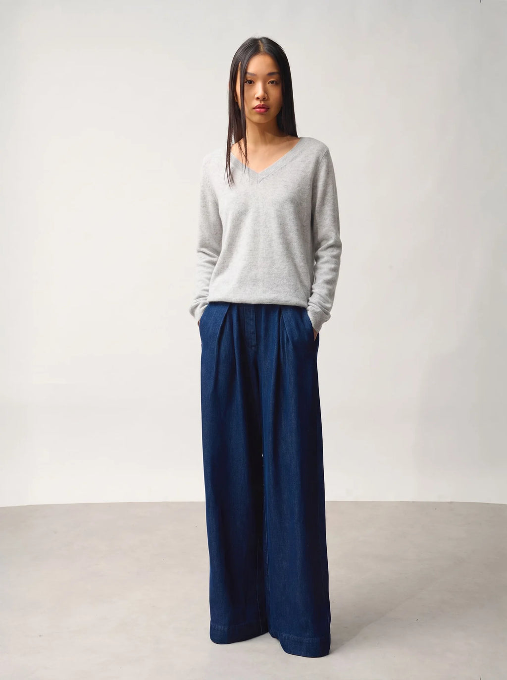 SAVANNAH Pull Col V Gris Perle Chiné
