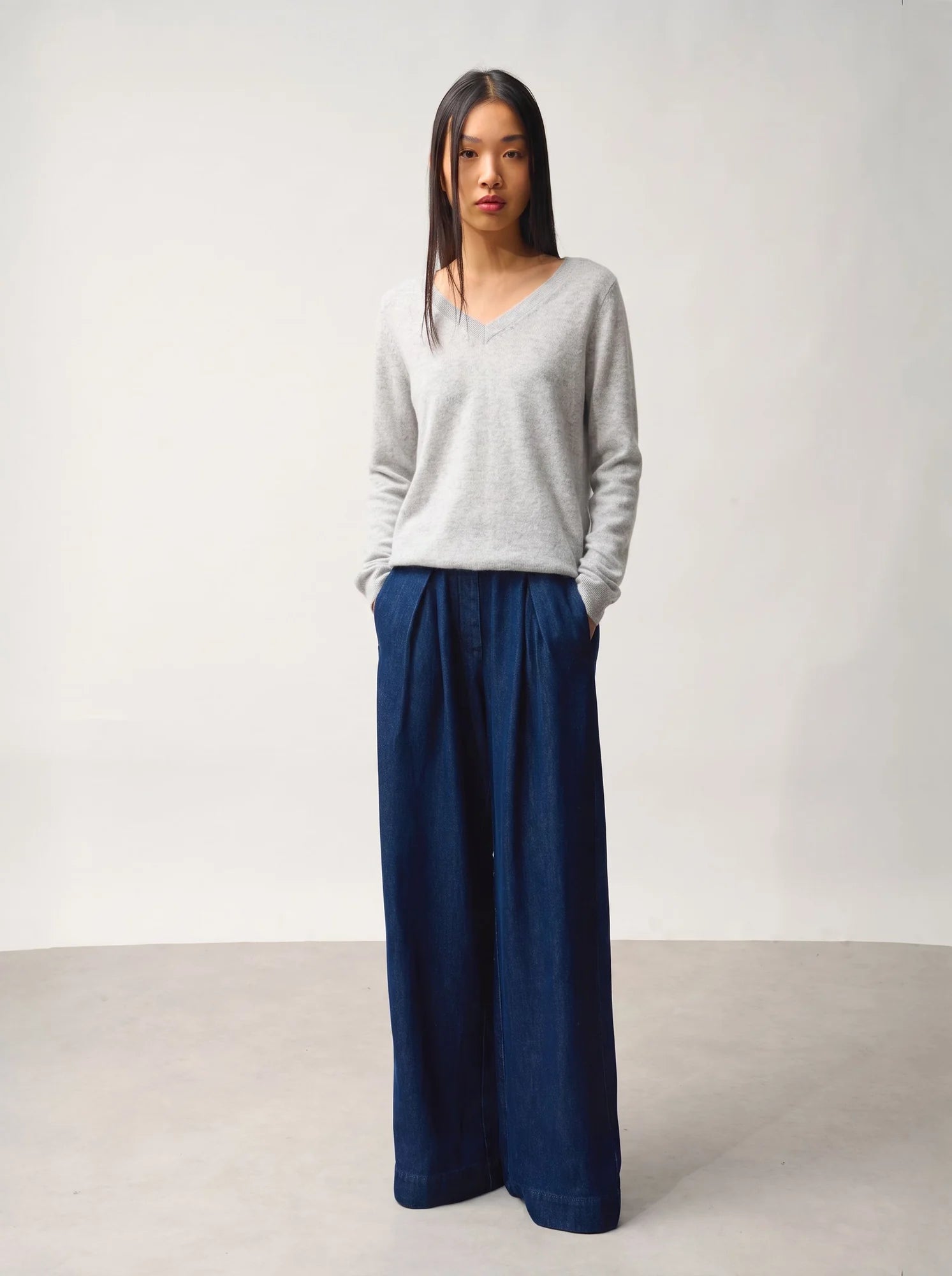 SAVANNAH Pull Col V Gris Perle Chiné