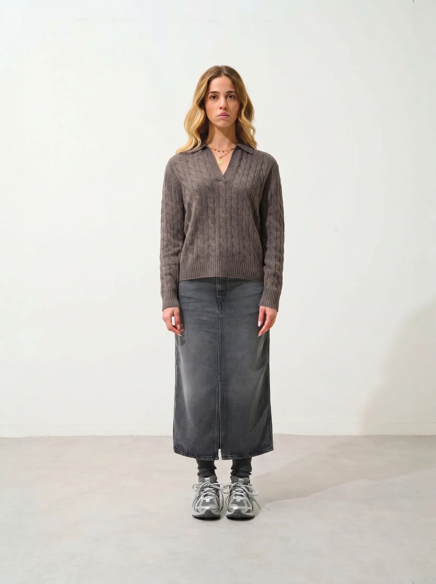 ELYSANDRA Pull Col Polo Ouvert 4 Fils Taupe Chiné