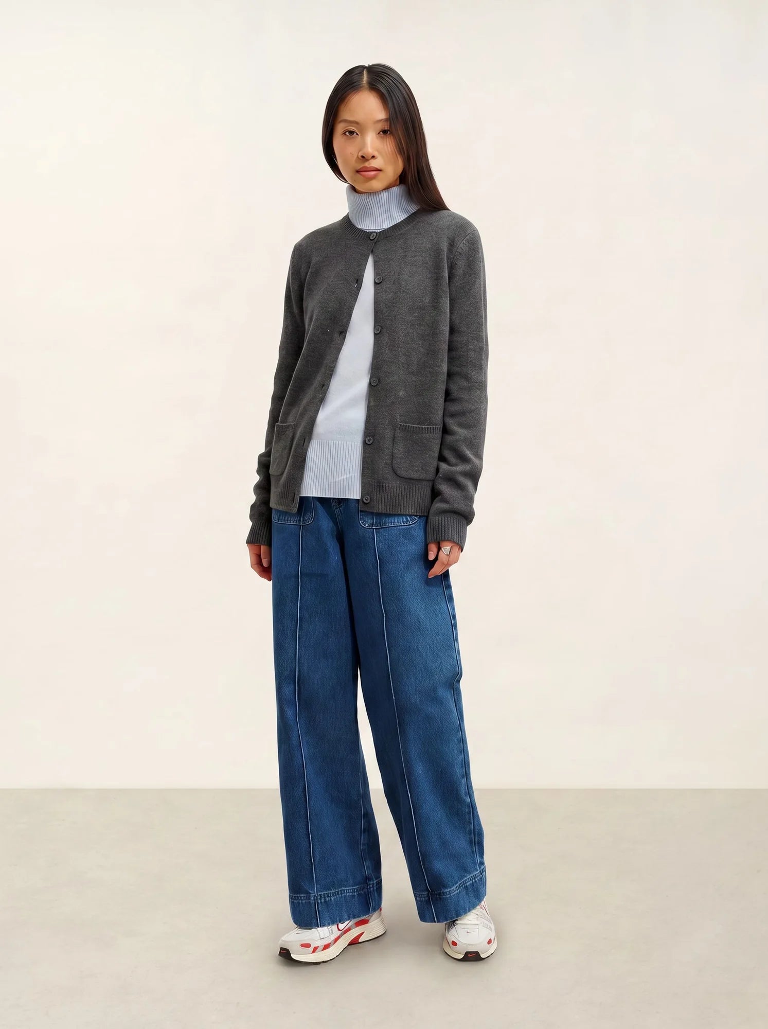 ELISE Cardigan Col Rond 4 Fils Anthracite Chiné