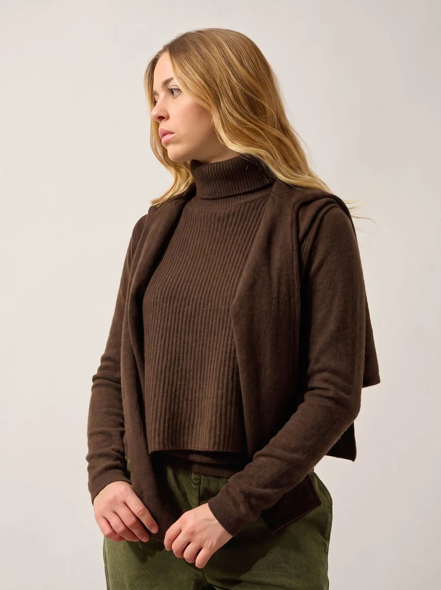 SIV Poncho Ouvert Col Roulé 4 Fils Choco
