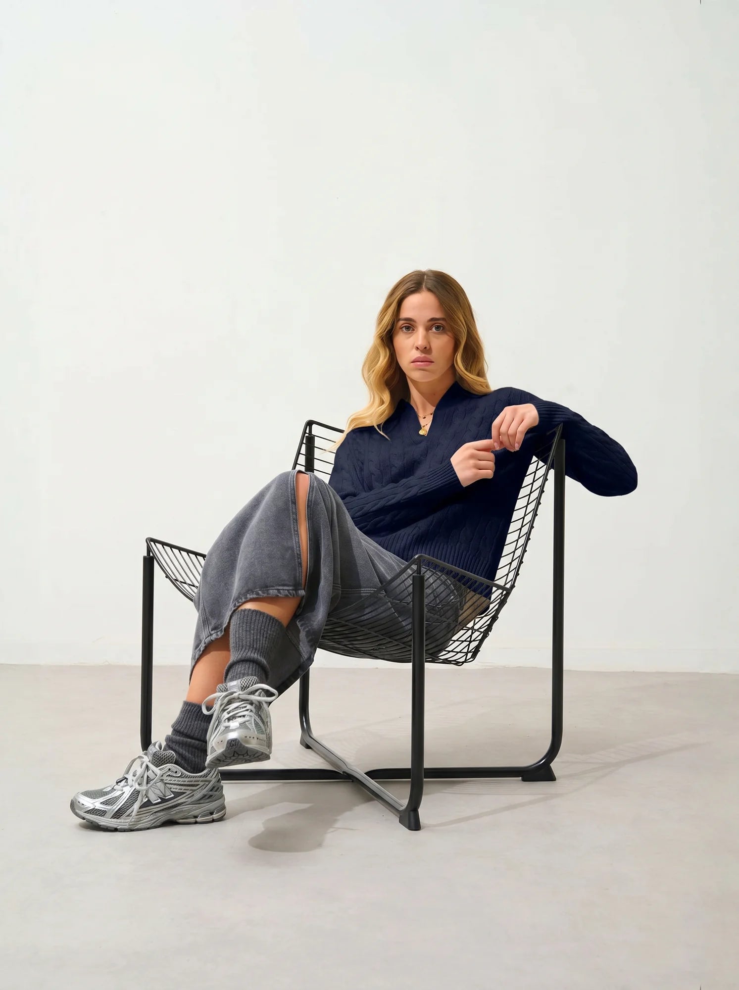 ELYSANDRA Pull Col Polo Ouvert 4 Fils Bleu Marine