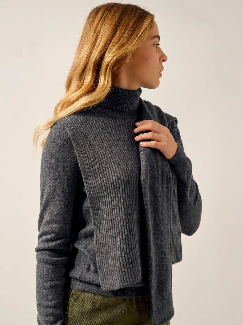 SIV Poncho Ouvert Col Roulé 4 Fils Anthracite Chiné