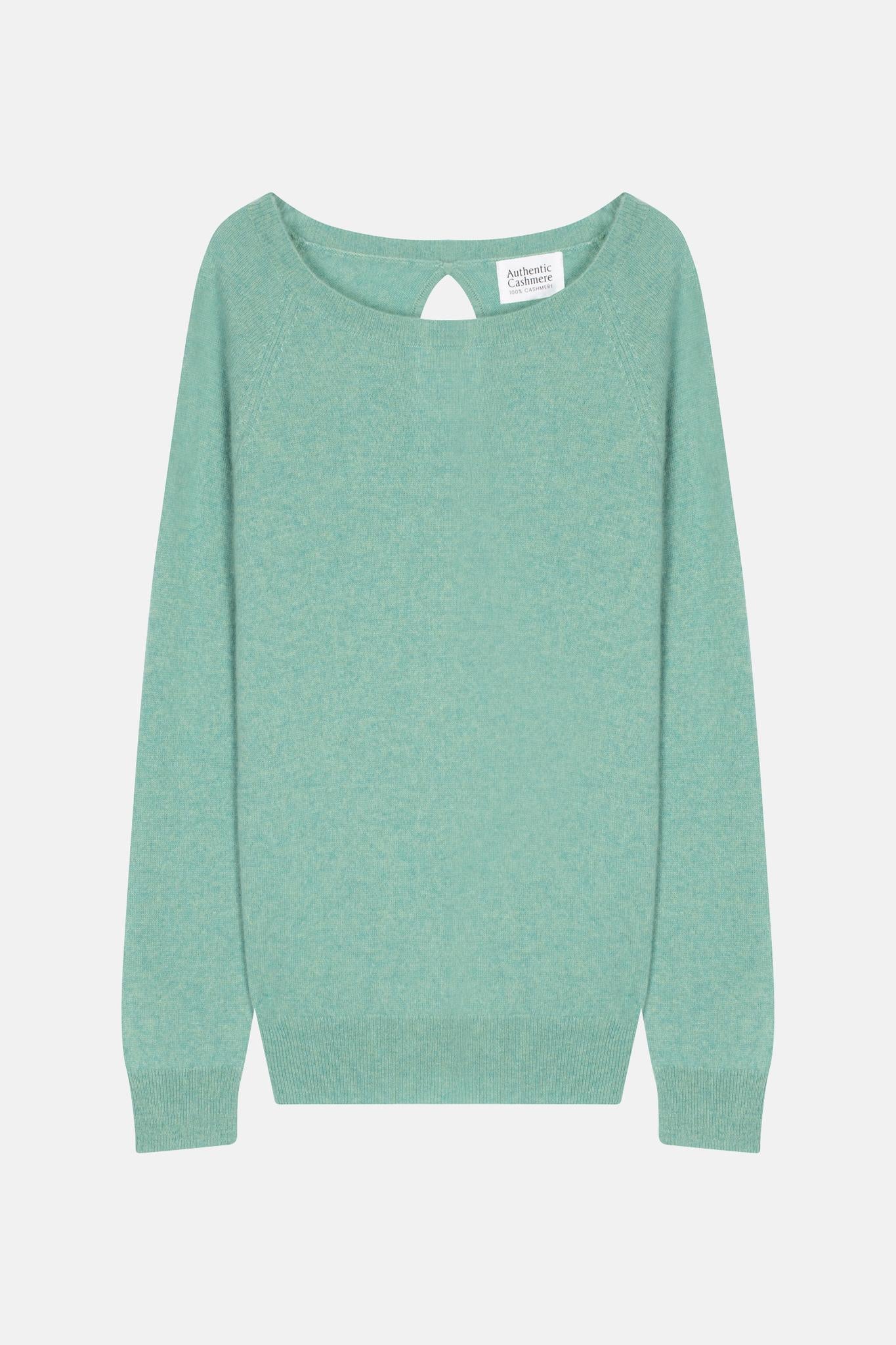 DIBONA pull col bateau goutte dos vert chiné 100% cachemire