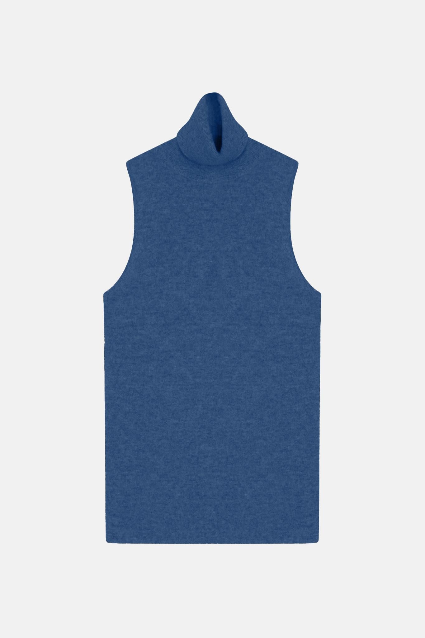 CAPUCIN ärmelloser Rollkragenpullover in Denimblau aus 100% Kaschmir