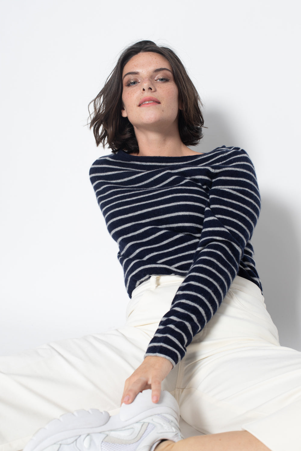 Pull Col Bateau CRIOU Rayures Navy / Gris Chine, en cachemire
