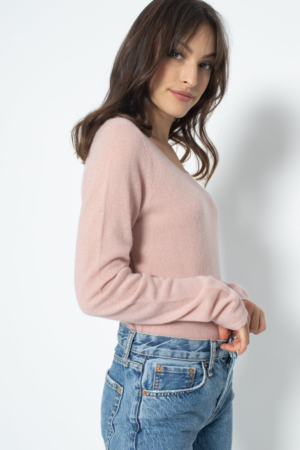Pull Col Rond Ajuste EPENA Vieux Rose, en cachemire