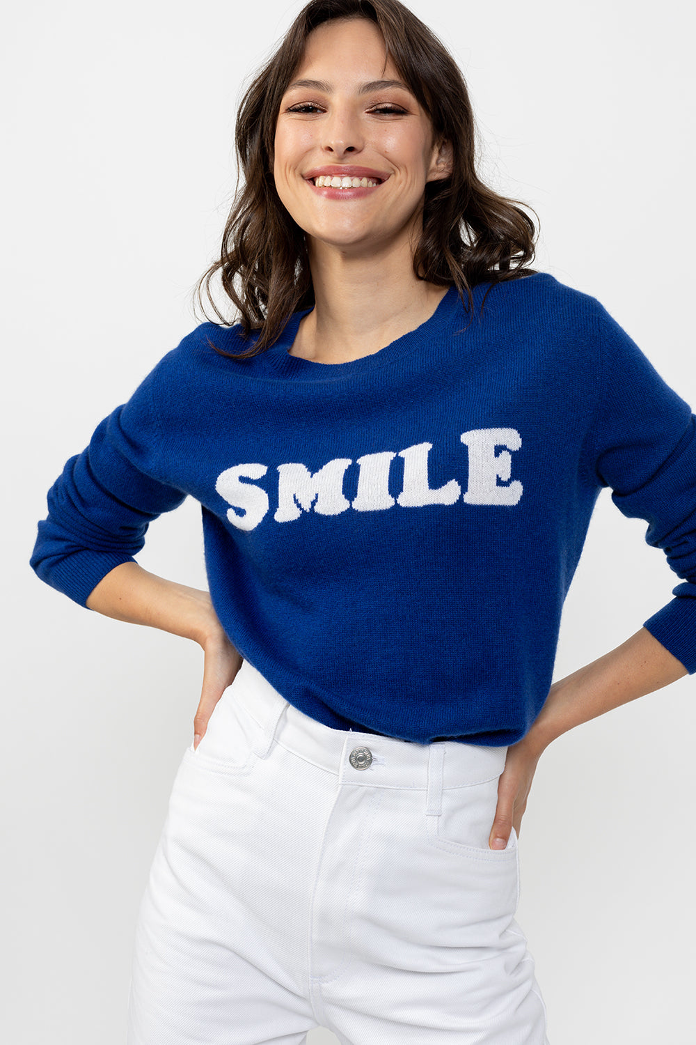 EMY pull col rond "smile" bleu pétrole / ivoire en cachemire