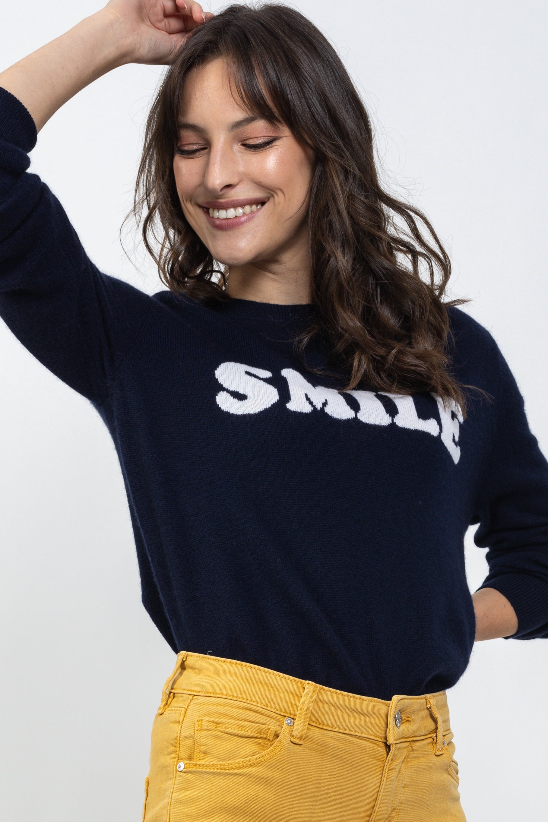 Pull col rond "SMILE" EMY Navy/ivoire en cachemire