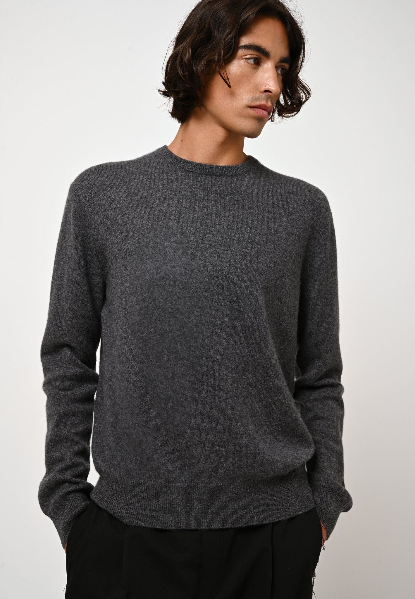 AIGLIÈRE pull col rond anthracite chiné 100% cachemire