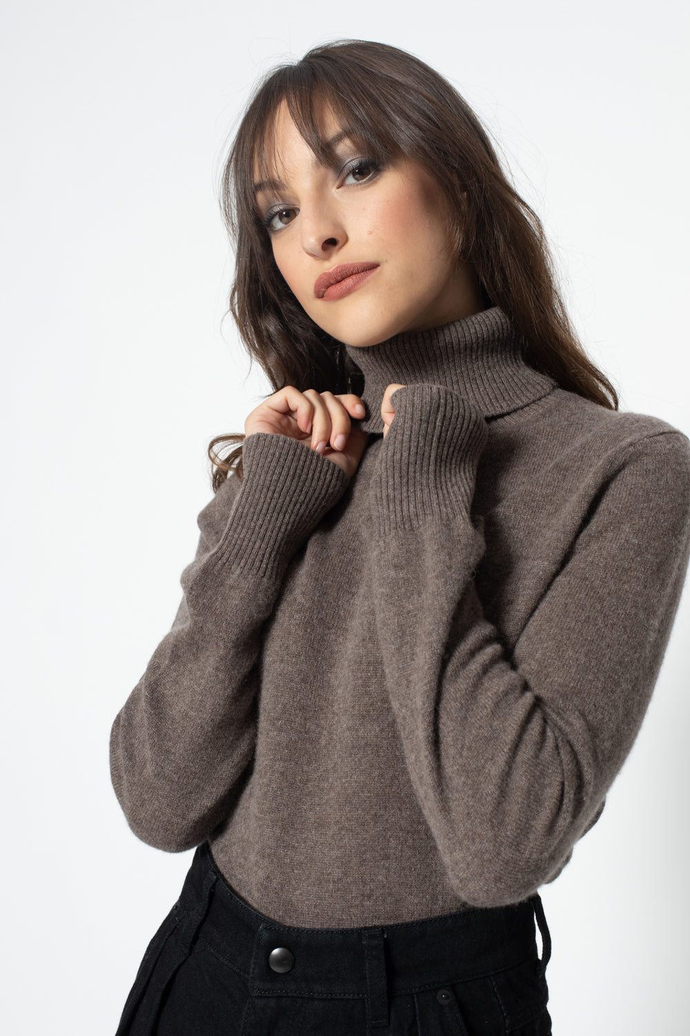 Pull Col Roule ample FORNET Taupe, en cachemire