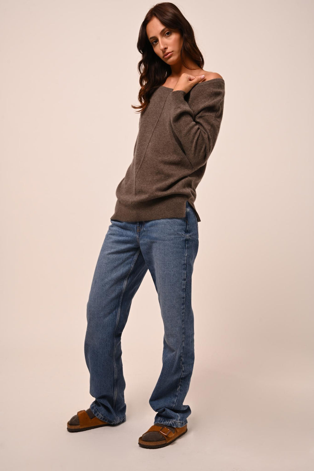 FARAUT Pullover mit Rundhalsausschnitt taupe meliert 100% Kaschmir