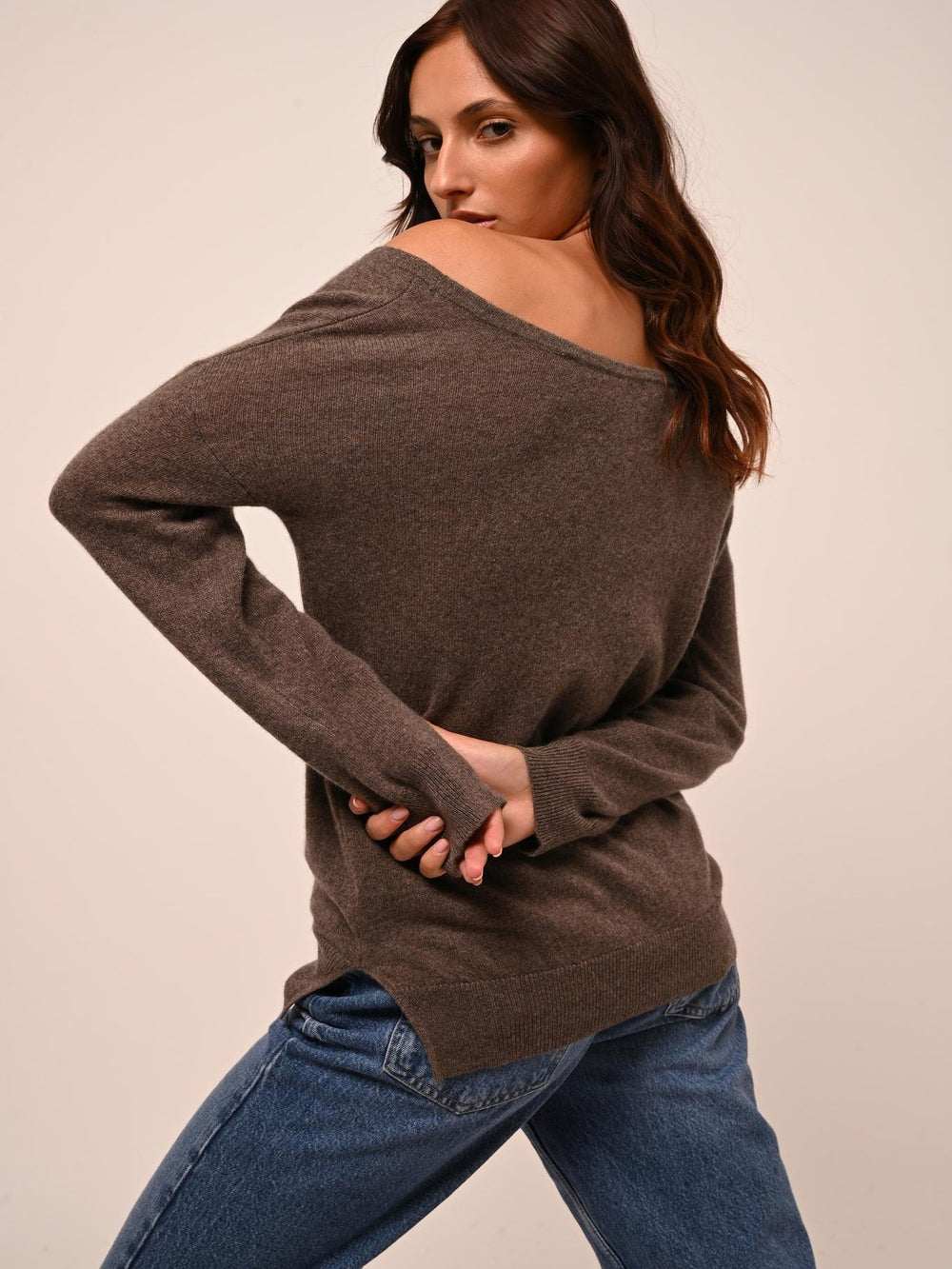 FARAUT Pullover mit Rundhalsausschnitt taupe meliert 100% Kaschmir