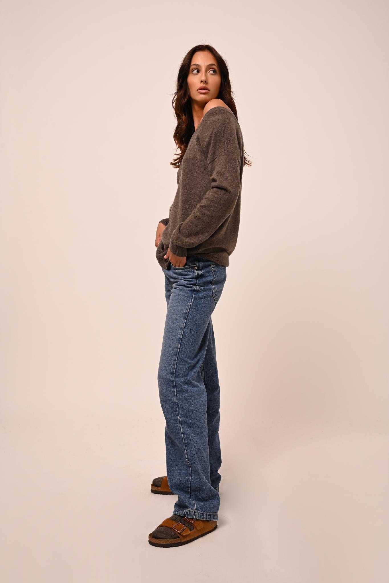 FARAUT taupe mottled round-neck sweater 100% cashmere